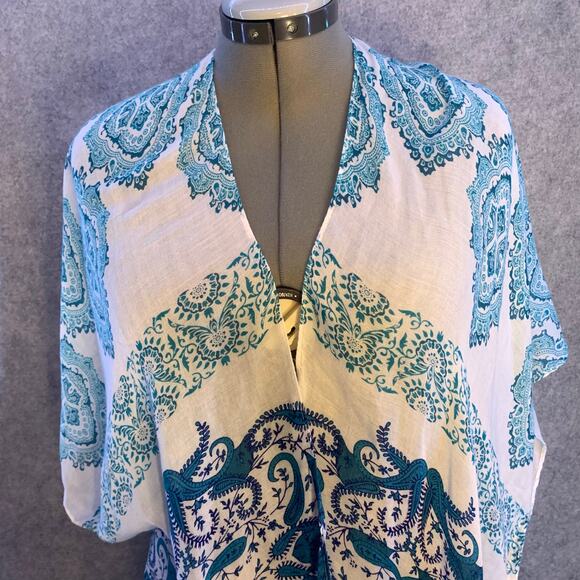 Rachel Roy Boho Kimono Beach Cover Up in Blue Paisley Design, One Size Fits All - Picture 6 of 11